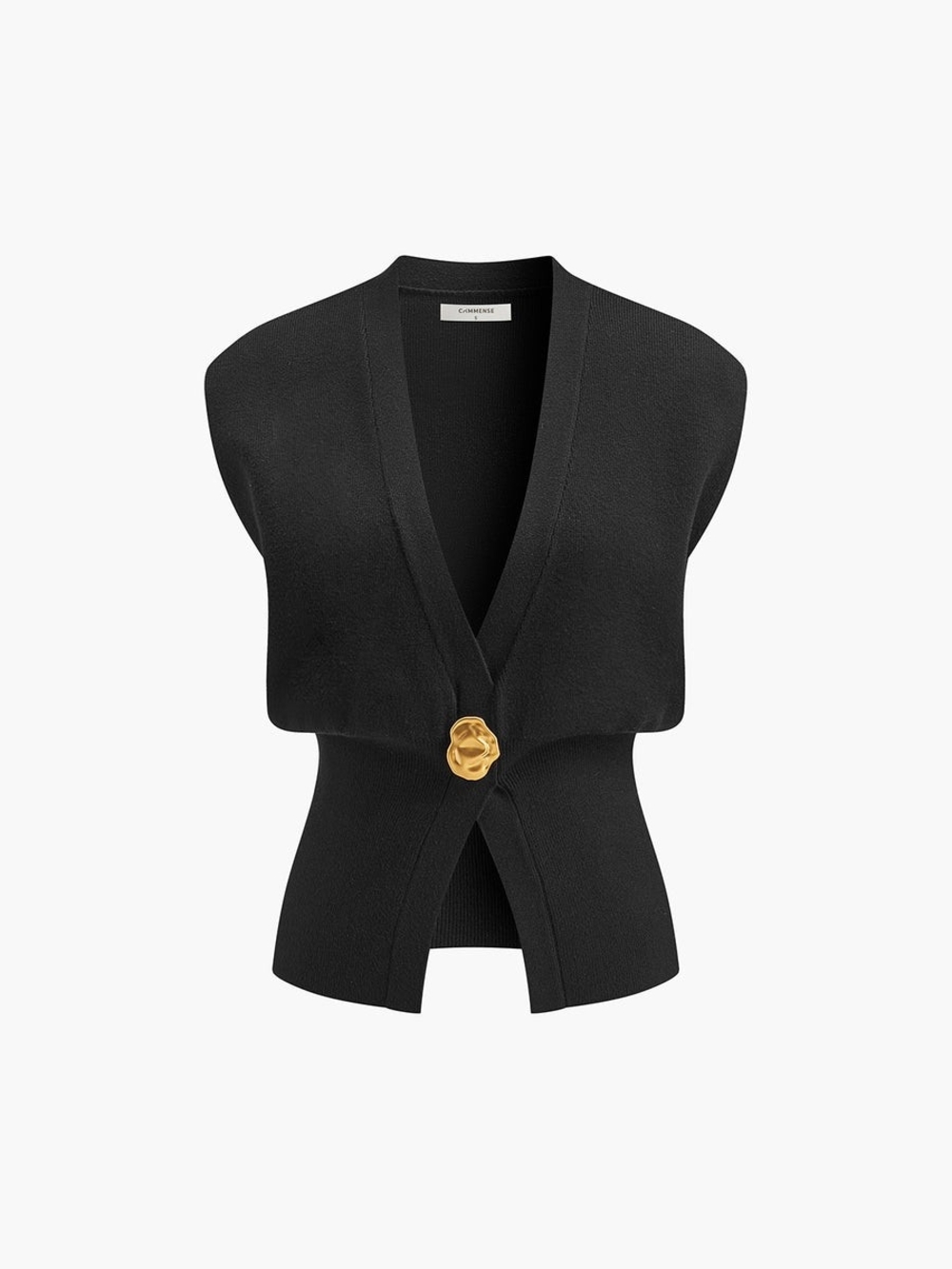 Commense Black Knit Sleeveless Vest with Gold Floral Brooch
